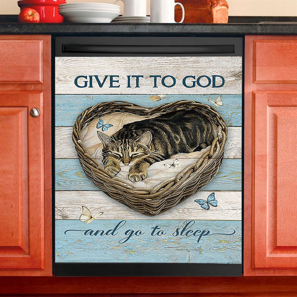 Blue Butterfly Cat Give It To God And Go To Sleep Dishwasher Cover, Christian Dishwasher Magnet Cover, Gift For Cat Lover