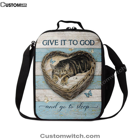 Blue Butterfly Cat Give It To God And Go To Sleep Lunch Bag, Christian Lunch Bag For School, Picnic, Religious Lunch Bag