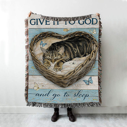 Blue Butterfly Cat Give It To God And Go To Sleep Woven Blanket Art - Christian Throw Blanket Decor - Gift For Cat Lover