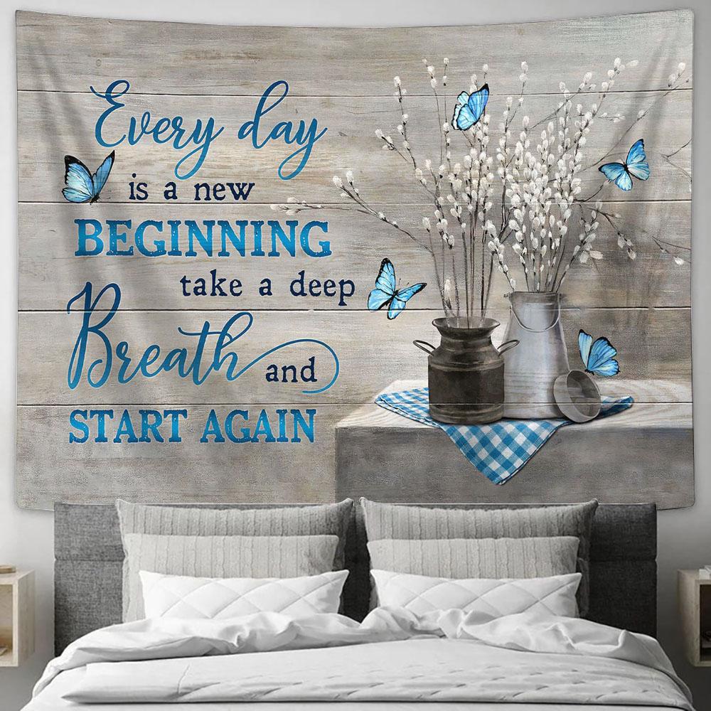 Blue Butterfly Flowers Everyday Is A New Beginning Tapestry Wall Art - Bible Verse Tapestry - Religious Tapestry Wall Hanging