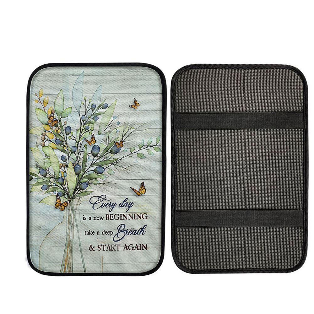 Blue Cranberry Butterfly Every Day Is A New Beginning Car Center Console Cover, Religious Car Armrest Accessories