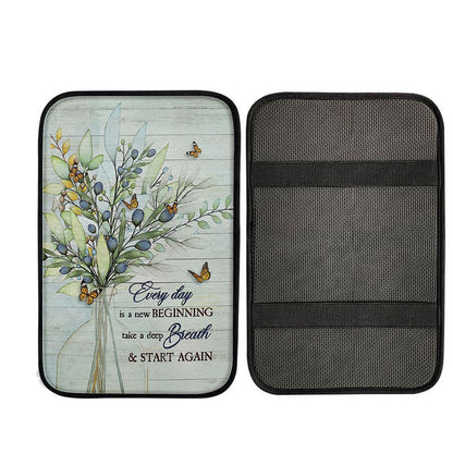 Blue Cranberry Butterfly Every Day Is A New Beginning Car Center Console Cover, Religious Car Armrest Accessories