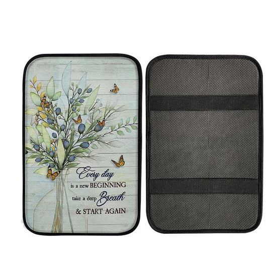 Blue Cranberry Butterfly Every Day Is A New Beginning Car Center Console Cover, Religious Car Armrest Accessories