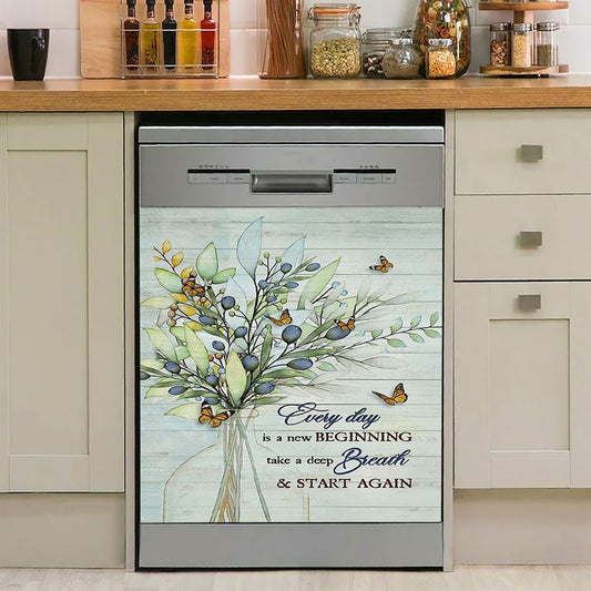 Blue Cranberry Butterfly Every Day Is A New Beginning Dishwasher Cover, Bible Verse Dishwasher Magnet Cover, Inspirational Kitchen Decor