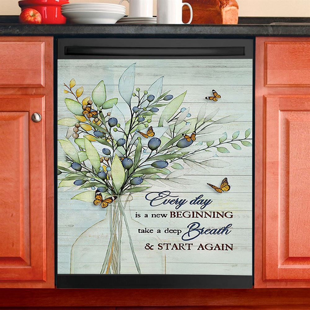 Blue Cranberry Butterfly Every Day Is A New Beginning Dishwasher Cover, Bible Verse Dishwasher Magnet Cover, Inspirational Kitchen Decor