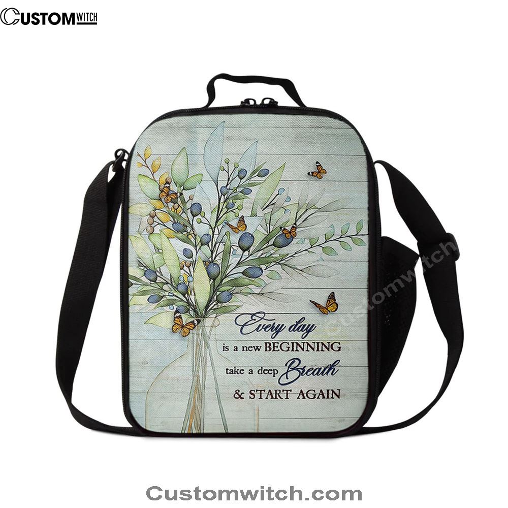 Blue Cranberry Butterfly Every Day Is A New Beginning Lunch Bag, Christian Lunch Bag For School, Picnic, Religious Lunch Bag