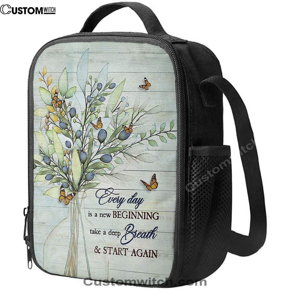 Blue Cranberry Butterfly Every Day Is A New Beginning Lunch Bag, Christian Lunch Bag For School, Picnic, Religious Lunch Bag