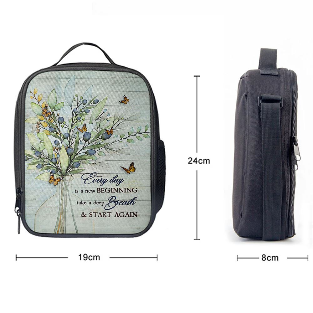 Blue Cranberry Butterfly Every Day Is A New Beginning Lunch Bag, Christian Lunch Bag For School, Picnic, Religious Lunch Bag