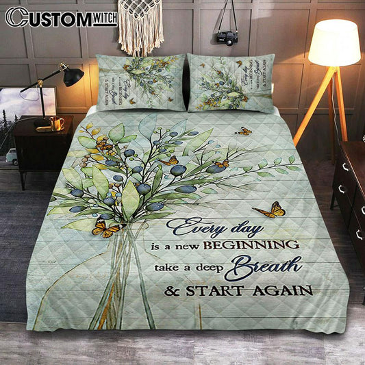 Blue Cranberry Butterfly Every Day Is A New Beginning Quilt Bedding Set Bedroom - Bible Verse Quilt Bedding Set Art - Christian Home Decor