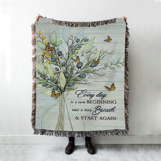 Blue Cranberry Butterfly Every Day Is A New Beginning Woven Throw Blanket - Bible Verse Woven Blanket Art - Inspirational Art - Christian Home Decor