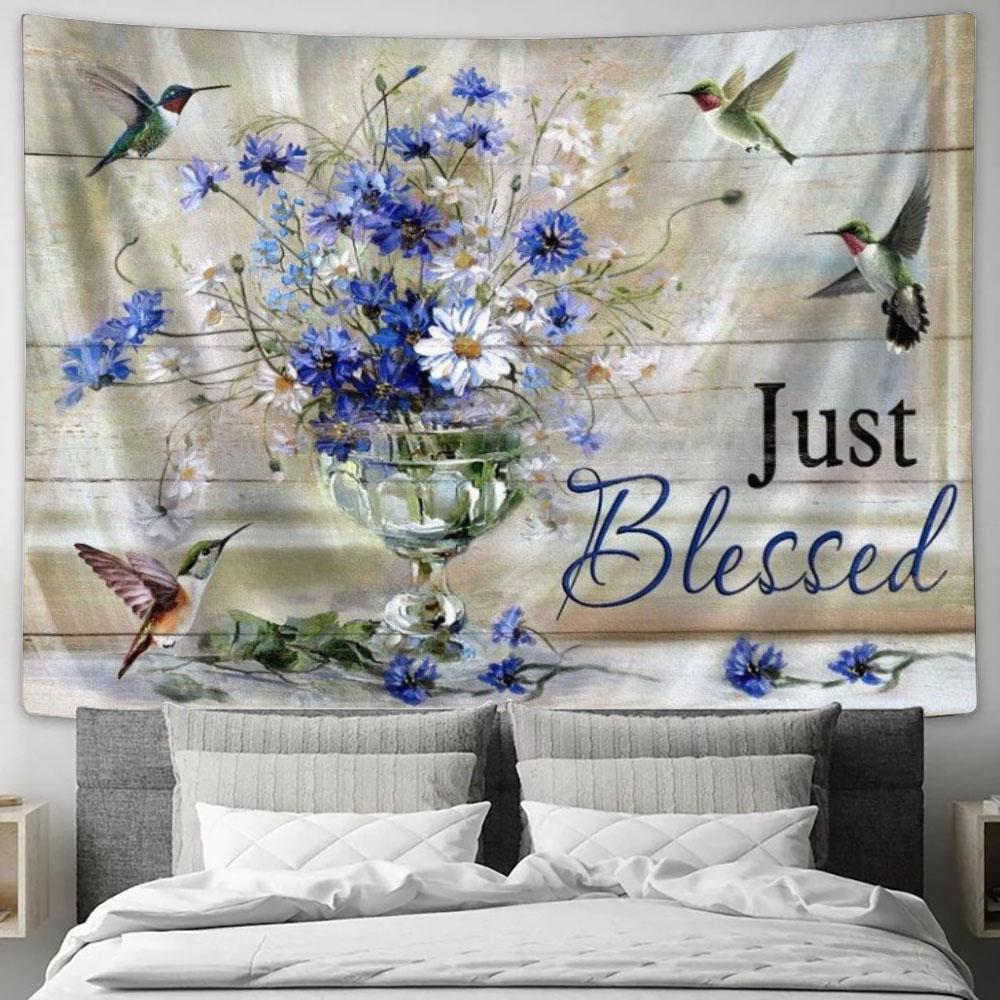 Blue Daisy Hummingbirds Just Blessed Tapestry, Tapestries for Living Room Bedroom