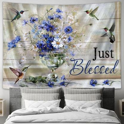 Blue Daisy Hummingbirds Just Blessed Tapestry, Tapestries for Living Room Bedroom