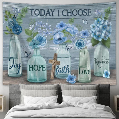 Blue Flower Crystal Vase Cross Today I Choose Joy Tapestry, Tapestries for Living Room Bedroom