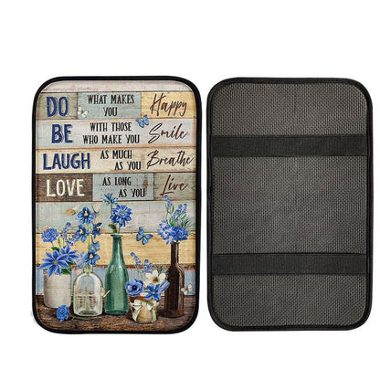 Blue Flower Do What Makes You Happy Car Center Console Cover, Religious Car Armrest Accessories
