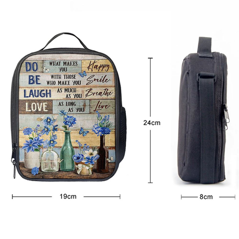 Blue Flower Do What Makes You Happy Lunch Bag, Christian Lunch Bag For School, Picnic, Religious Lunch Bag