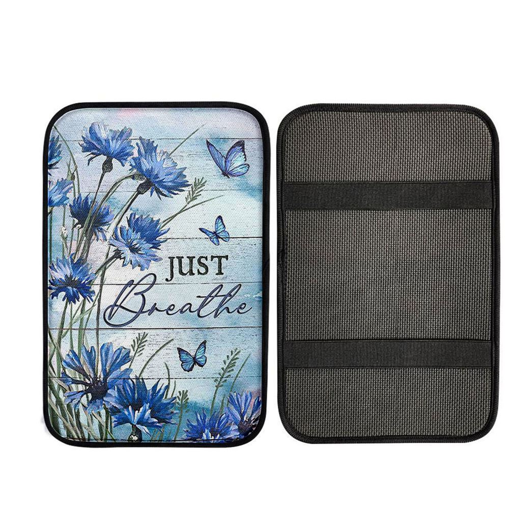 Blue Flower Just Breath Car Center Console Cover, Religious Car Armrest Accessories