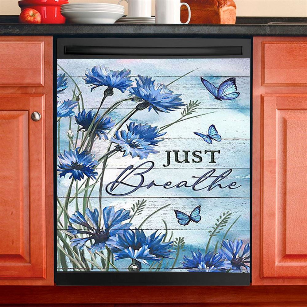 Blue Flower Just Breath Dishwasher Cover, Bible Verse Dishwasher Magnet Cover, Inspirational Kitchen Decor