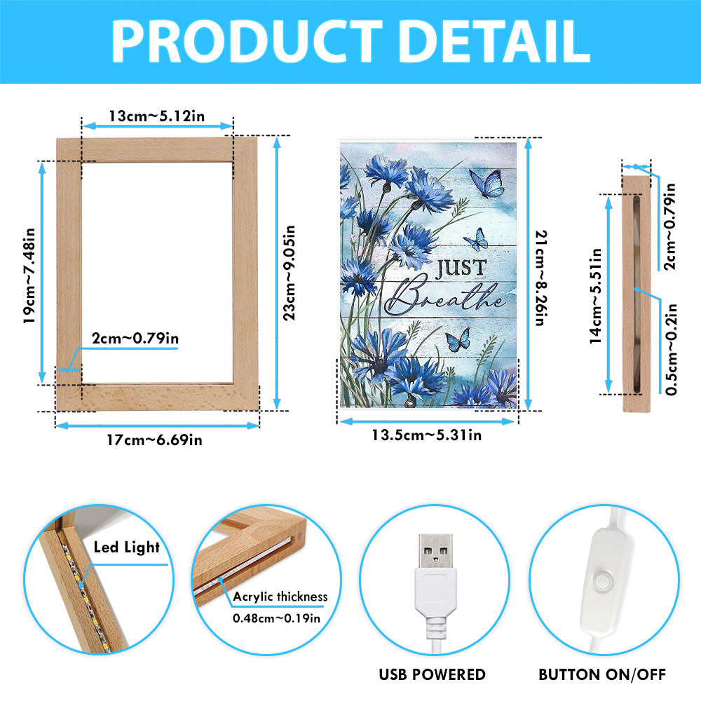 Blue Flower Just Breath Frame Lamp Art - Bible Verse Wooden Lamp - Inspirational Art - Christian Home Decor