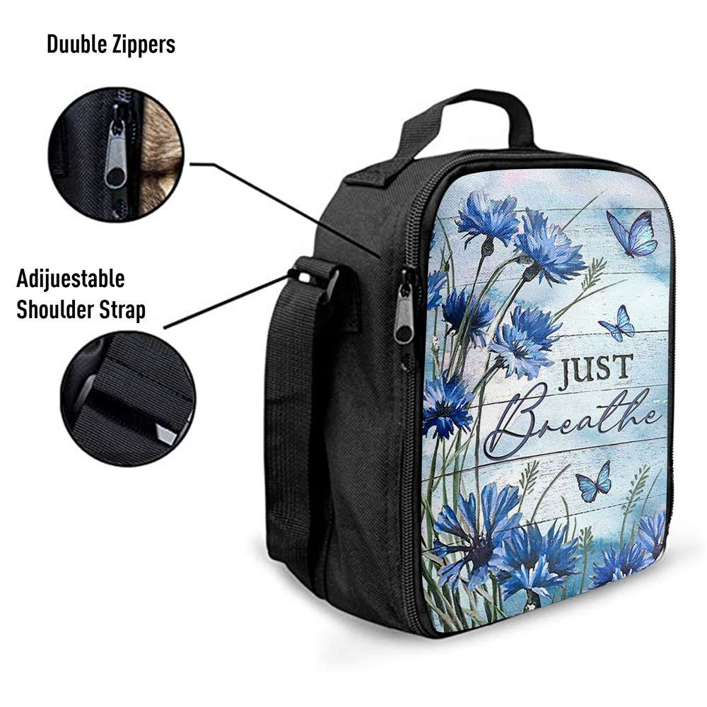 Blue Flower Just Breath Lunch Bag, Christian Lunch Bag For School, Picnic, Religious Lunch Bag