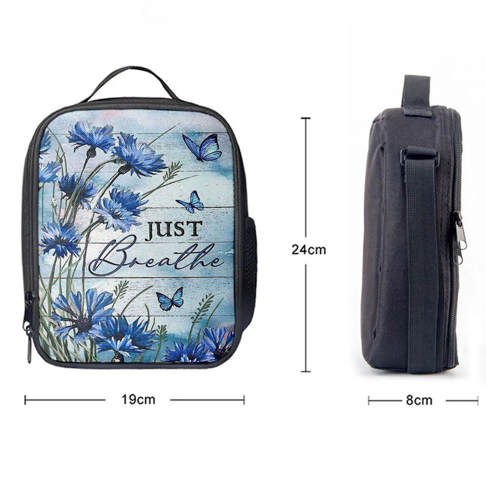 Blue Flower Just Breath Lunch Bag, Christian Lunch Bag For School, Picnic, Religious Lunch Bag