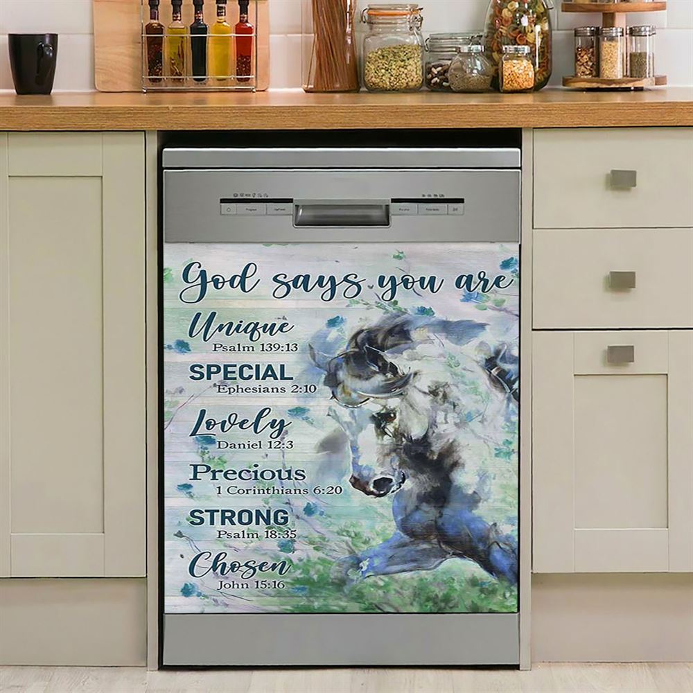 Blue Horse God Says You Are Unique Dishwasher Cover, Bible Verse Dishwasher Magnet Cover, Inspirational Kitchen Decor