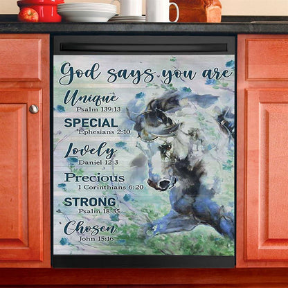 Blue Horse God Says You Are Unique Dishwasher Cover, Bible Verse Dishwasher Magnet Cover, Inspirational Kitchen Decor