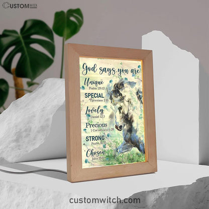 Blue Horse God Says You Are Unique Frame Lamp Art - Bible Verse Wooden Lamp - Inspirational Art - Christian Home Decor