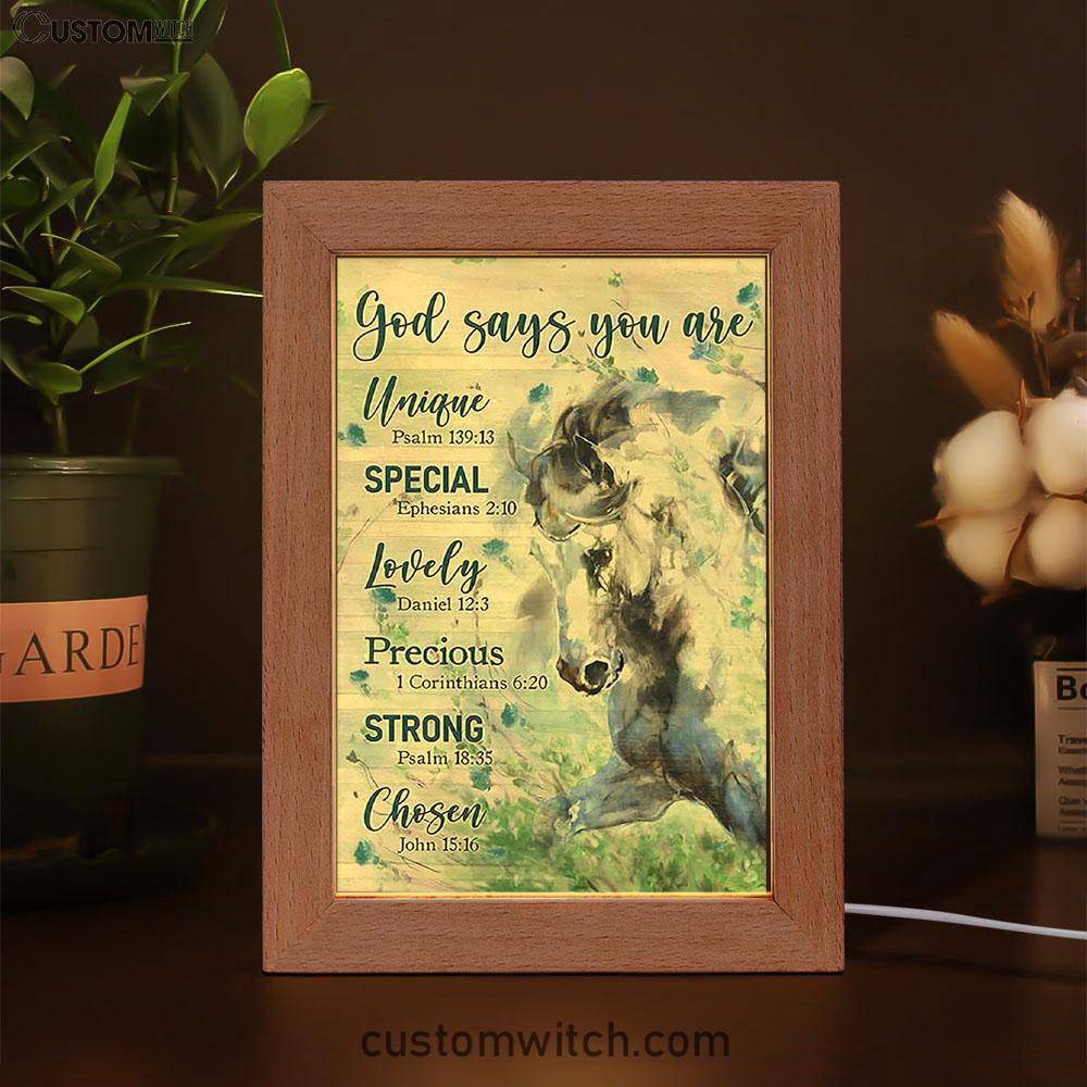 Blue Horse God Says You Are Unique Frame Lamp Art - Bible Verse Wooden Lamp - Inspirational Art - Christian Home Decor
