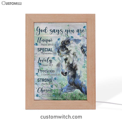 Blue Horse God Says You Are Unique Frame Lamp Art - Bible Verse Wooden Lamp - Inspirational Art - Christian Home Decor