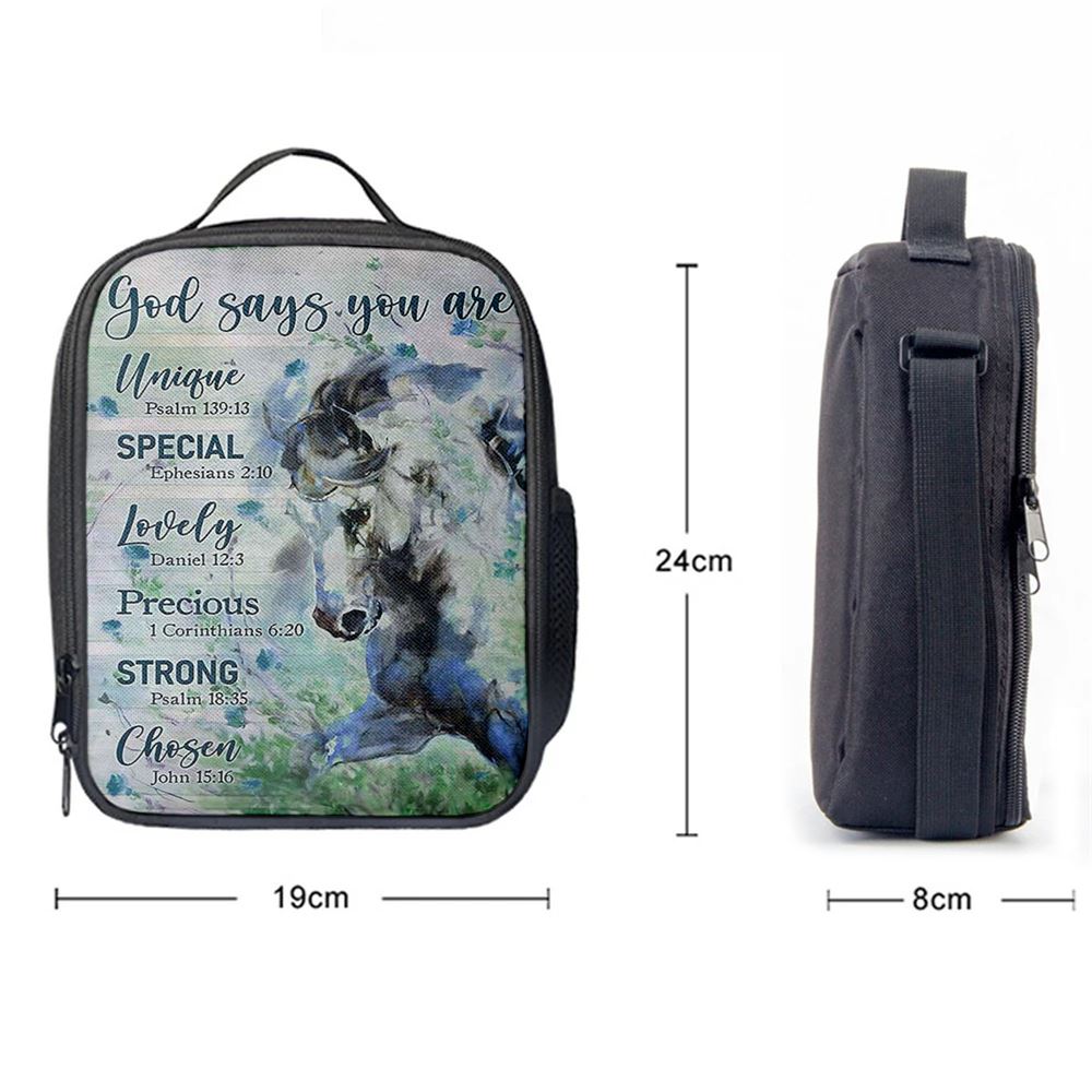 Blue Horse God Says You Are Unique Lunch Bag, Christian Lunch Bag For School, Picnic, Religious Lunch Bag