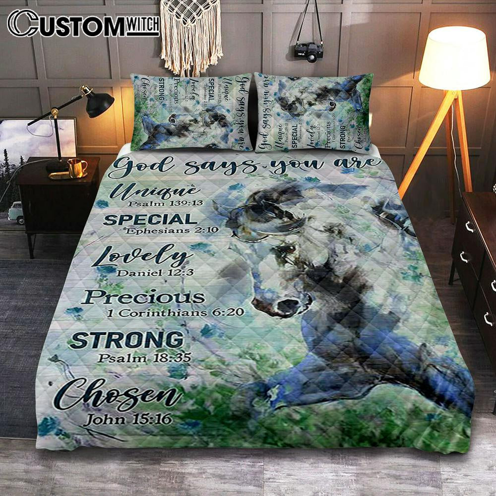 Blue Horse God Says You Are Unique Quilt Bedding Set Bedroom - Bible Verse Quilt Bedding Set Art - Christian Home Decor