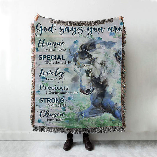Blue Horse God Says You Are Unique Woven Throw Blanket - Bible Verse Woven Blanket Art - Inspirational Art - Christian Home Decor