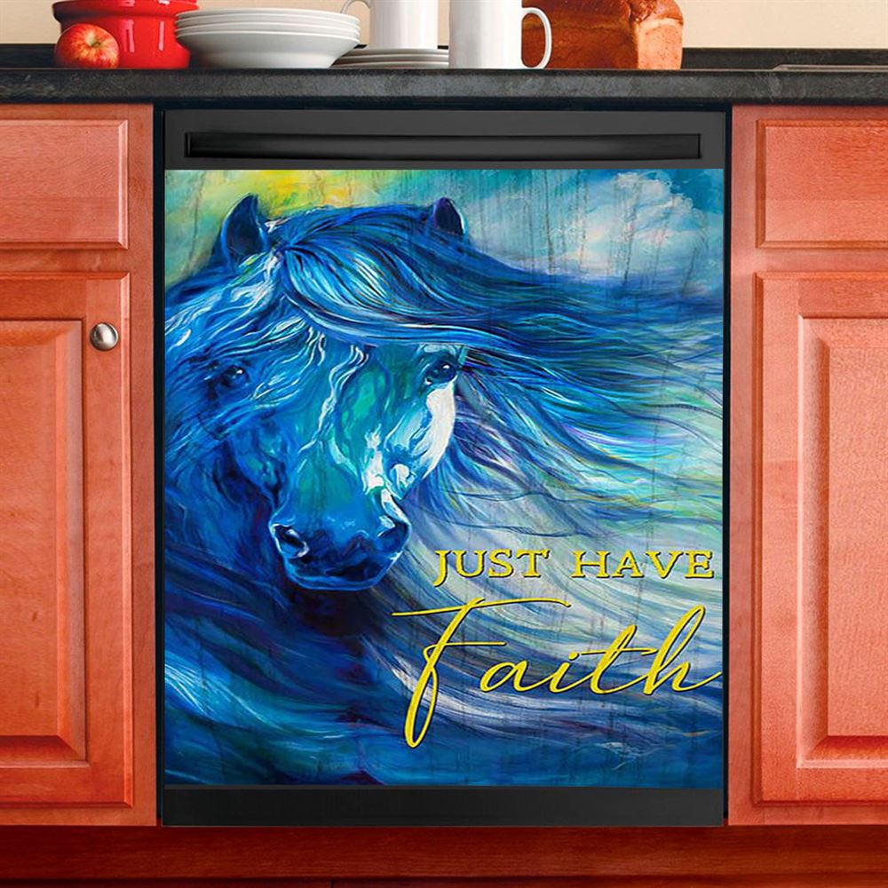 Blue Horse Just Have Faith Dishwasher Cover, Bible Verse Dishwasher Magnet Cover, Inspirational Kitchen Decor