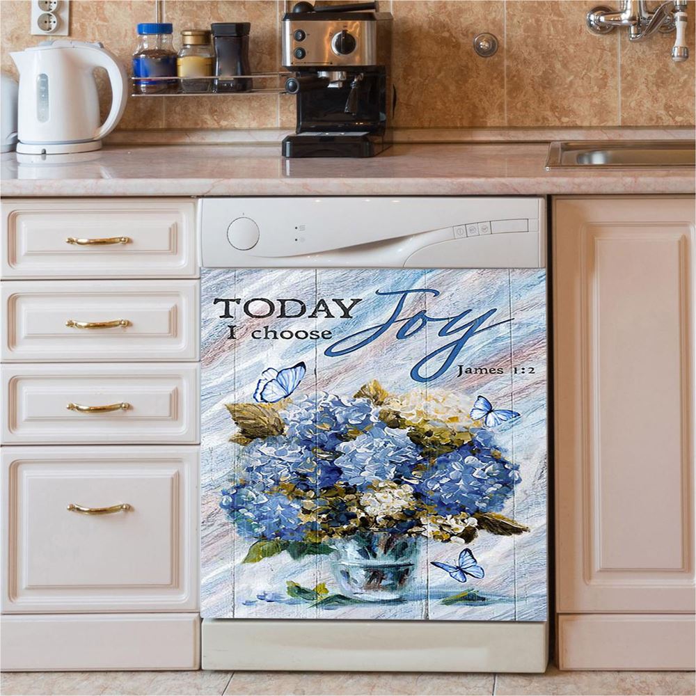 Blue Hydrangea Butterfly Today I Choose Joy Dishwasher Cover, Bible Verse Dishwasher Magnet Cover, Inspirational Kitchen Decor