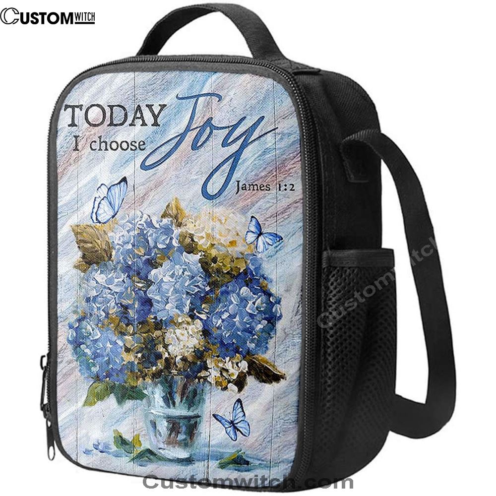 Blue Hydrangea Butterfly Today I Choose Joy Lunch Bag, Christian Lunch Bag For School, Picnic, Religious Lunch Bag