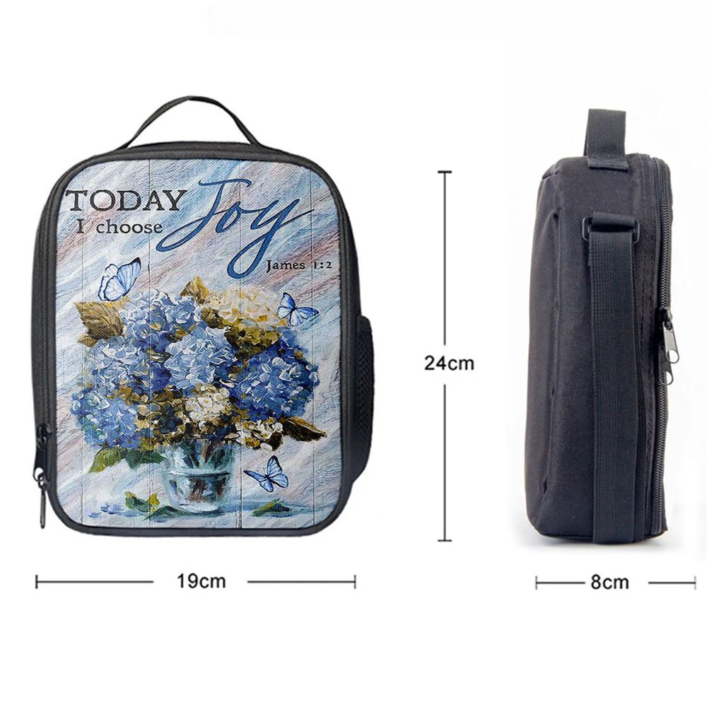 Blue Hydrangea Butterfly Today I Choose Joy Lunch Bag, Christian Lunch Bag For School, Picnic, Religious Lunch Bag