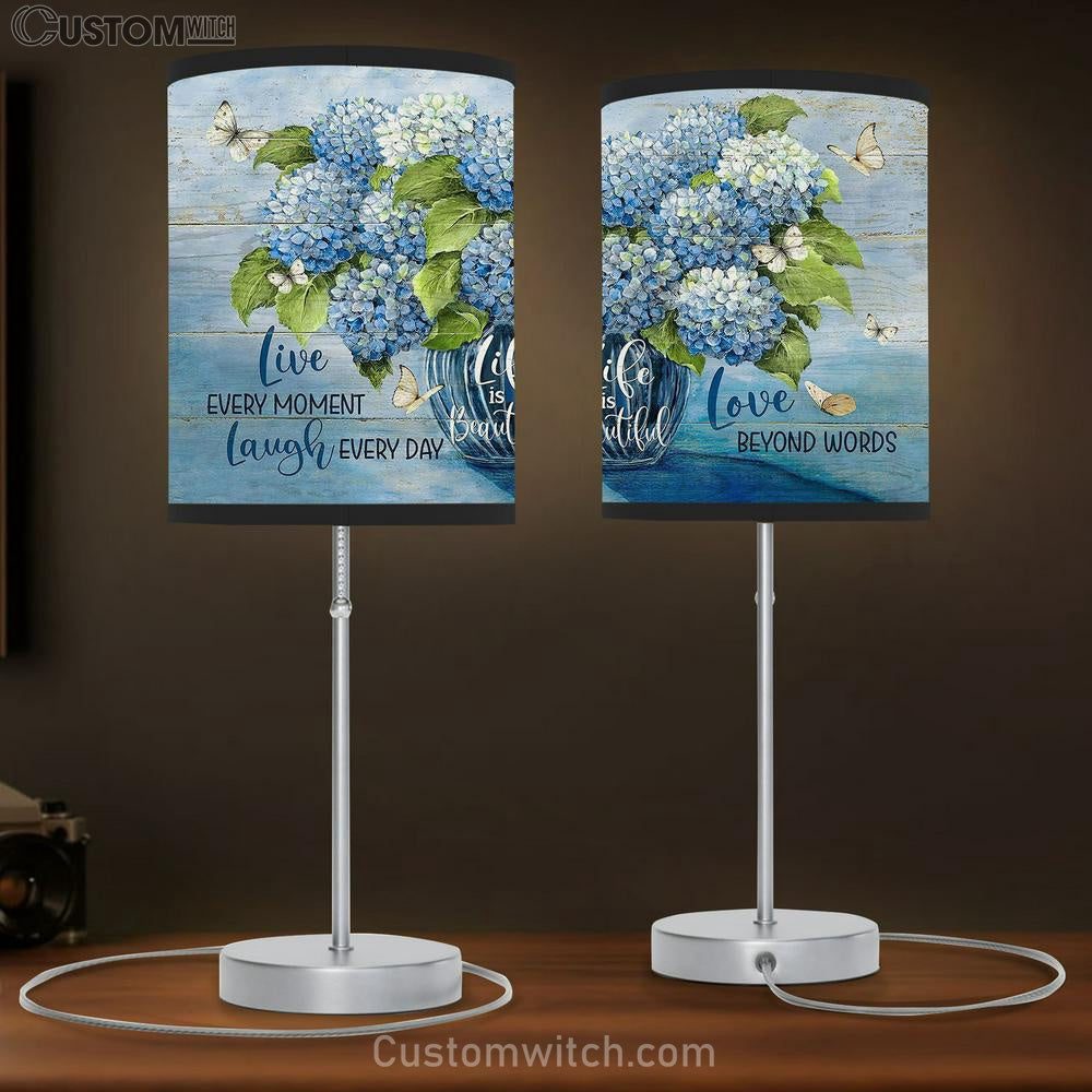Blue Hydrangea Crystal Vase White Butterfly Life Is Beautiful Table Lamb Gift - Bible Verse Table Lamb - Religious Bedroom Decor
