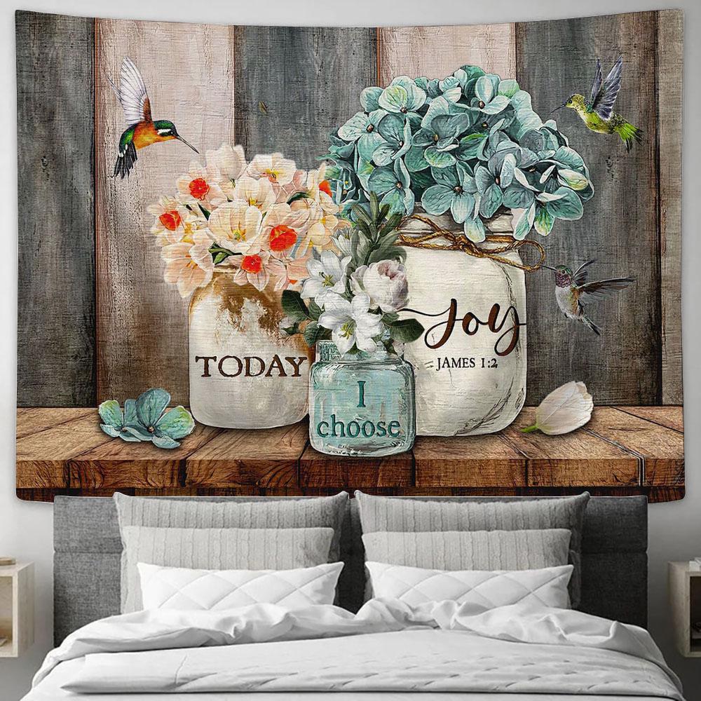 Blue Hydrangea Flower Vase Hummingbird - Today I Choose Joy Tapestry Wall Art - Bible Verse Tapestry - Religious Tapestry Wall Hanging