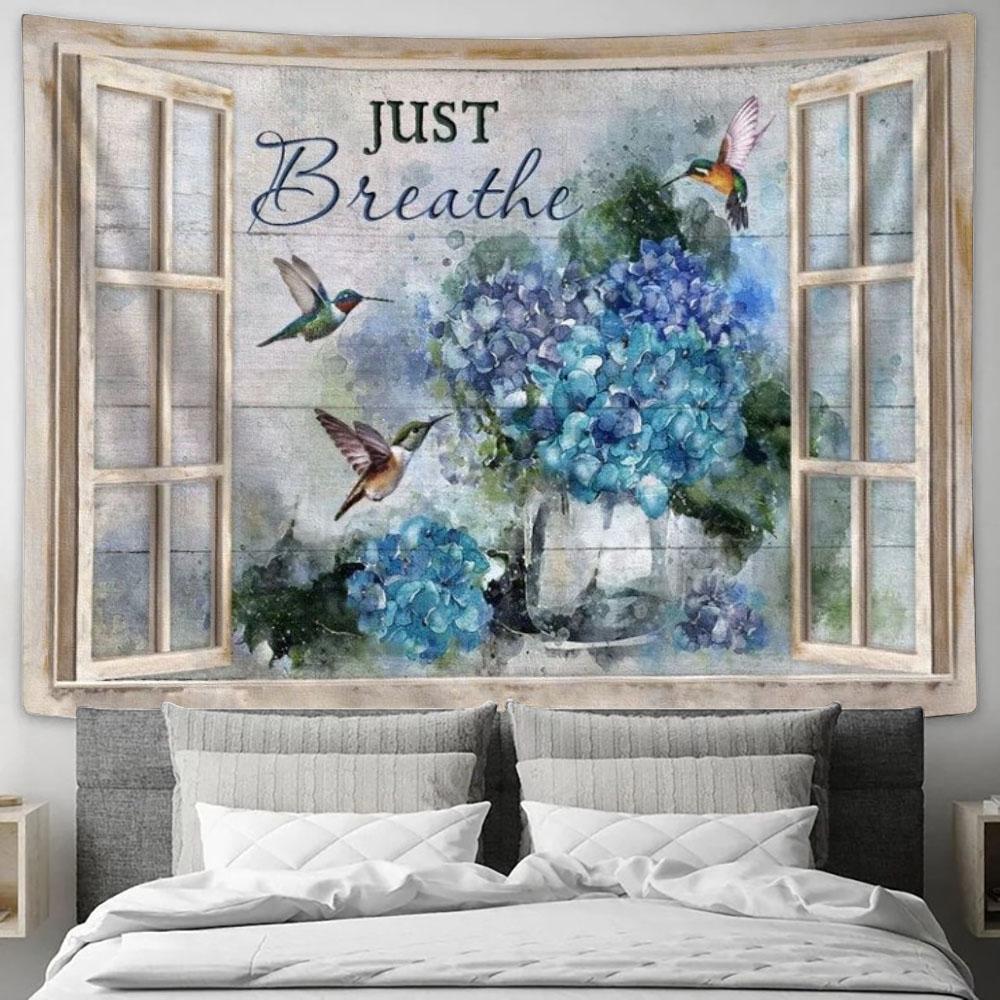 Blue Hydrangea Hummingbird Window Frame Just Breathe Tapestry, Tapestries for Living Room Bedroom