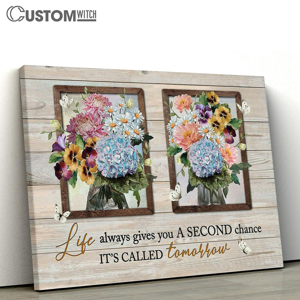 Blue Hydrangea Pansy Flower Pink Camellia It's Called Tomorrow Canvas Wall Art - Bible Verse Canvas - Religious Prints