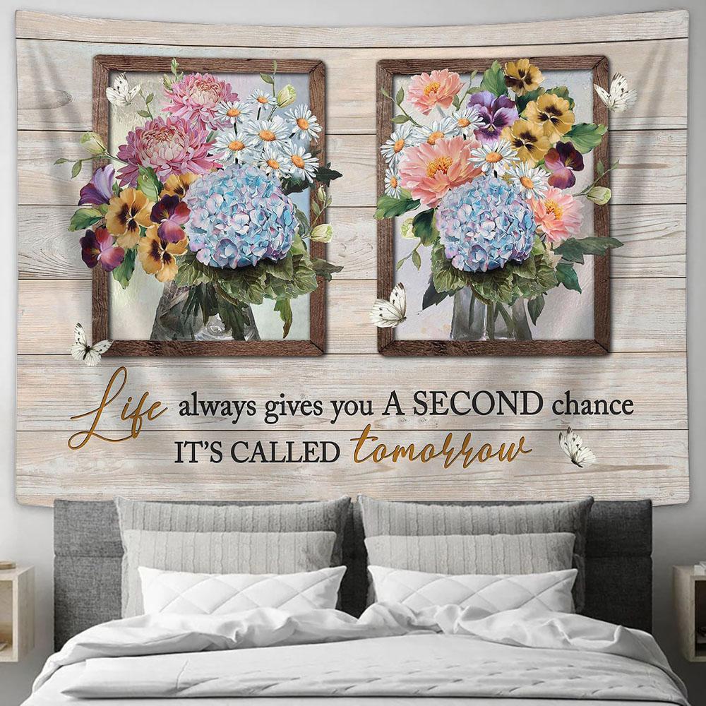 Blue Hydrangea Pansy Flower Pink Camellia It's Called Tomorrow Tapestry Wall Art - Bible Verse Tapestry - Religious Tapestry Wall Hanging