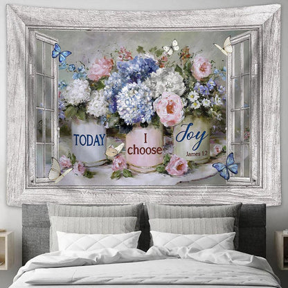 Blue Hydrangea Pink Peony Today I Choose Joy Tapestry Wall Art - Bible Verse Tapestry - Religious Tapestry Wall Hanging