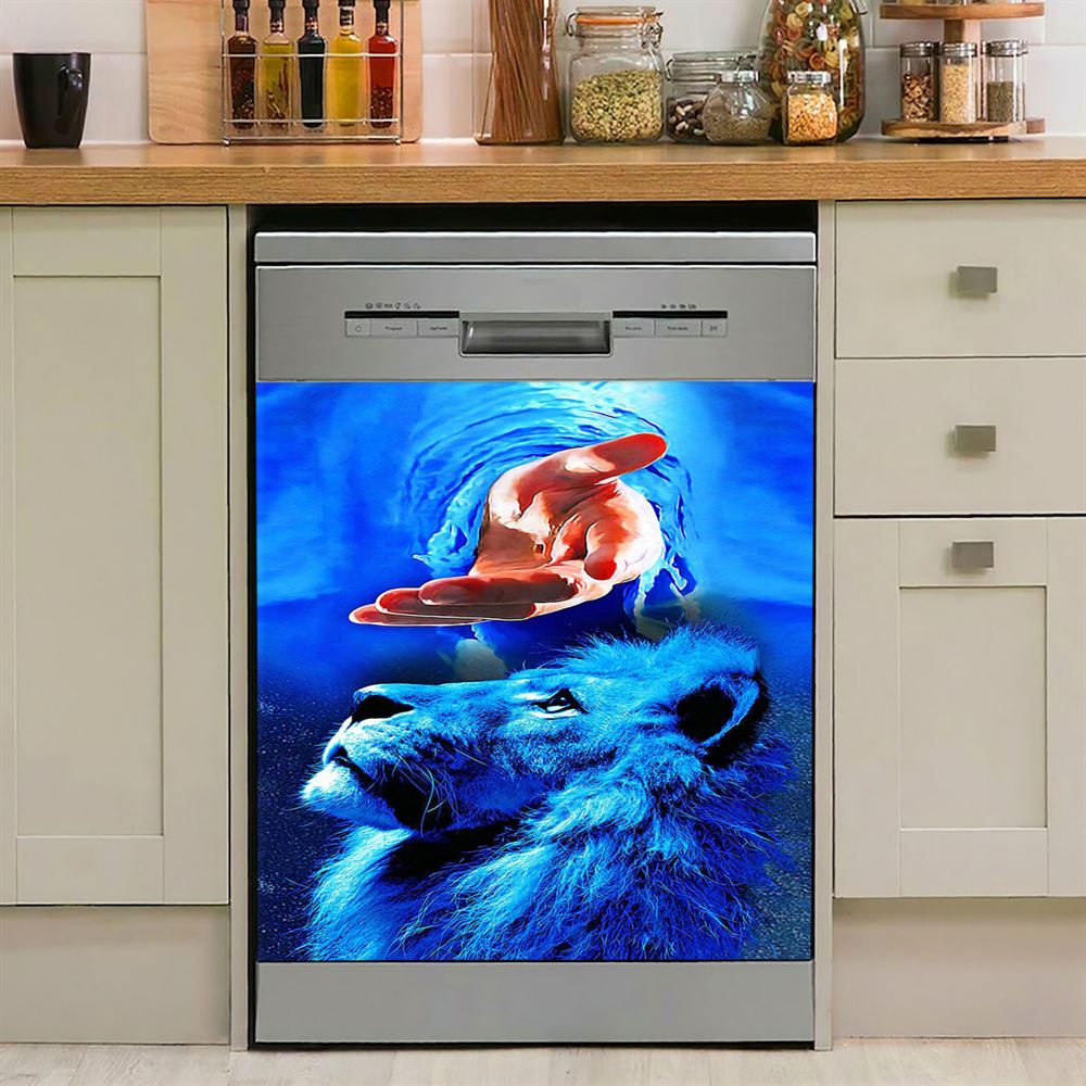 Blue Lion & Jesus Dishwasher Cover, Jesus Dishwasher Magnet Cover, Christian Kitchen Decor