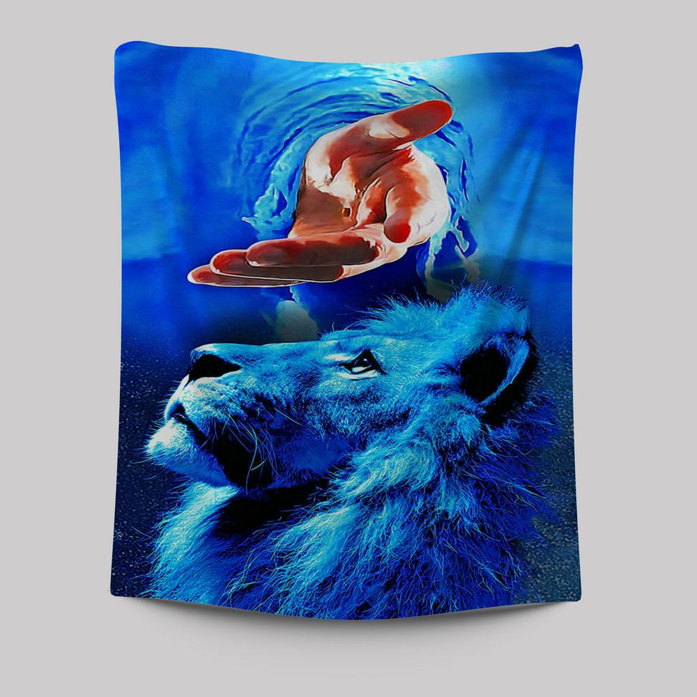 Blue Lion & Jesus Tapestry Wall Art - Jesus Tapestry Pictures - Christian Tapestries Wall Art