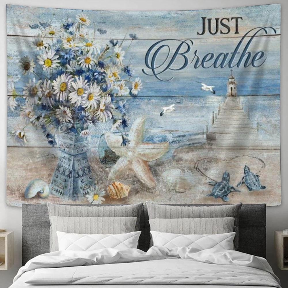 Blue Ocean, Pretty Daisy Vase, Sea Turtle, Light House, Just Breathe Tapestry, Tapestries for Living Room Bedroom