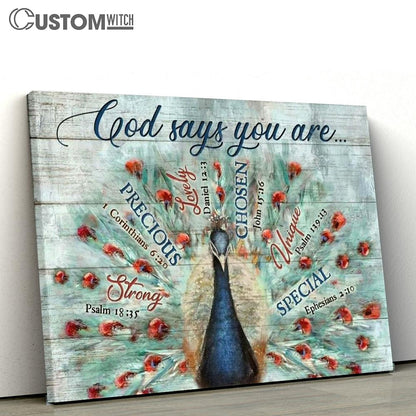 Blue Peacock Painting, Bible Verses, Vintage Drawing, God Says You Are Canvas Poster
