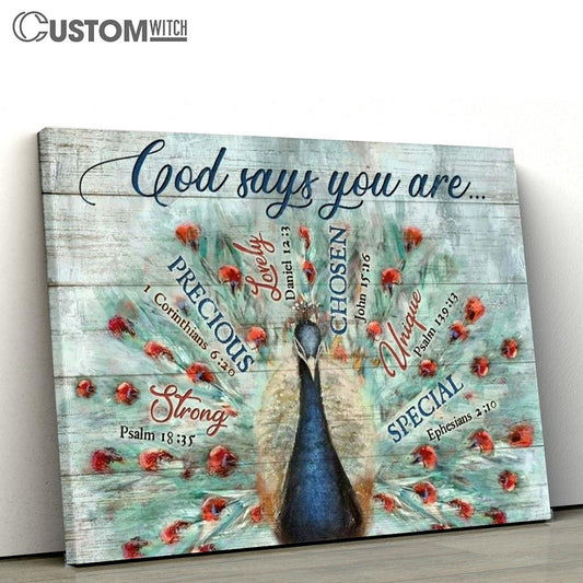 Blue Peacock Painting, Bible Verses, Vintage Drawing, God Says You Are Canvas Poster