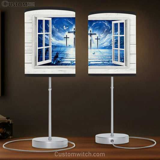 Blue Sky The Three Crosses Door To The Heaven Table Lamb Gift - Bible Verse Table Lamb - Religious Bedroom Decor