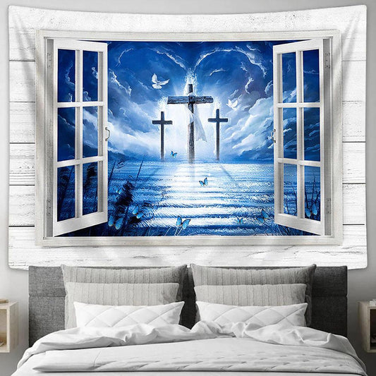 Blue Sky The Three Crosses Door To The Heaven Tapestry Wall Art - Bible Verse Tapestry - Religious Tapestry Wall Hanging