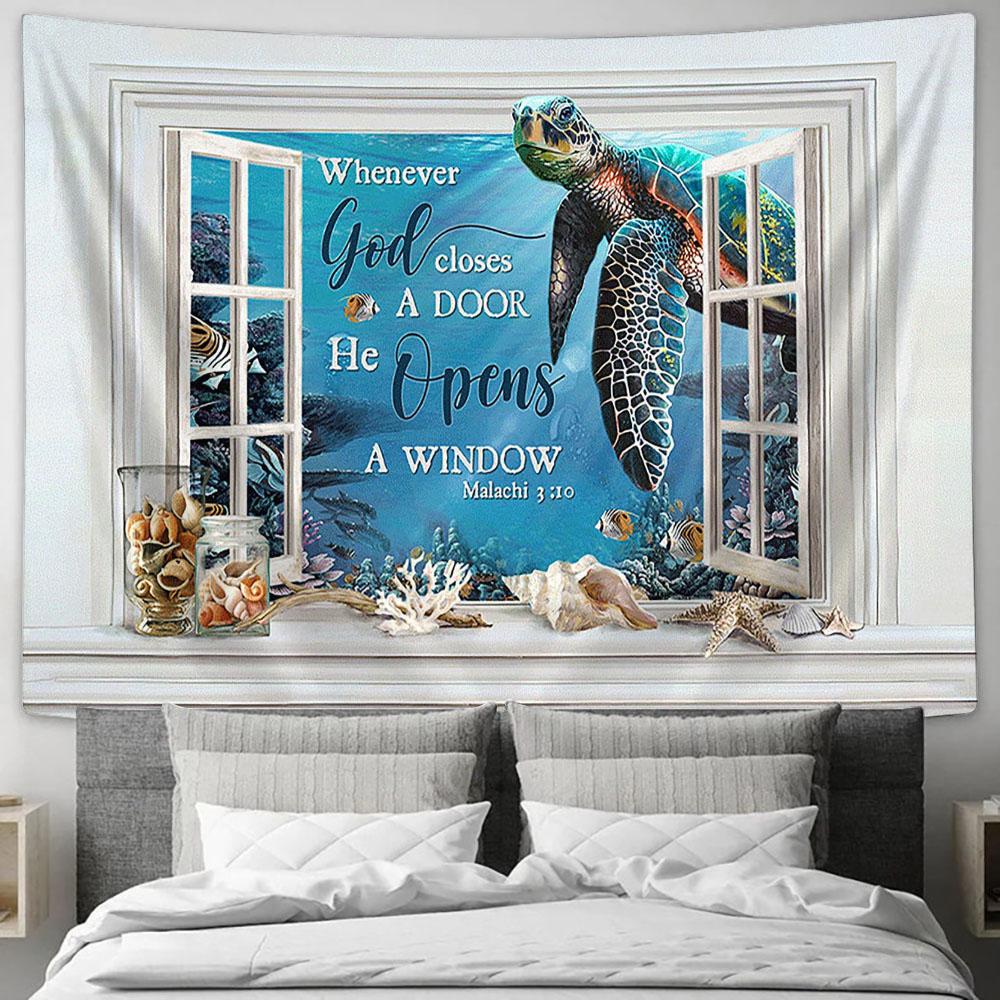 Blue Turtle He Opens A Window Wall Art Tapestry - Christian Wall Art - Religious Art